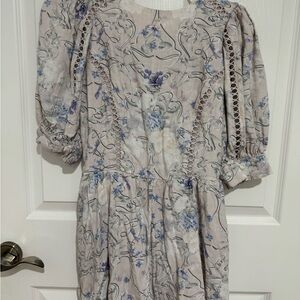 Express Long Sleeve Floral Dress in Cream and Blue